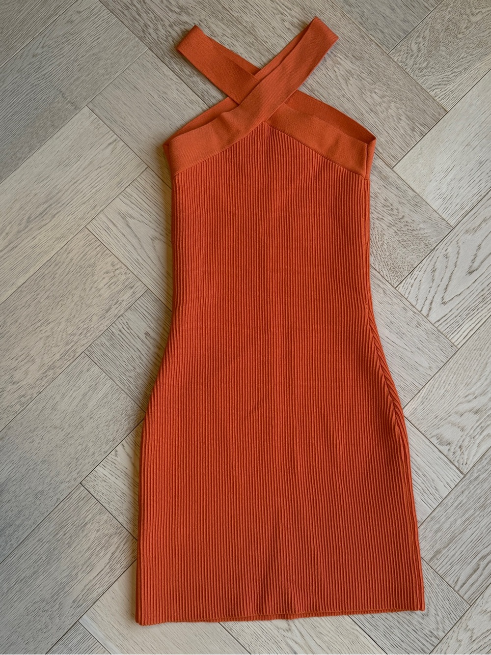 Babaton Orange Ribbed Cross-Strap Dress Bandage Style Trending Date Night Bright